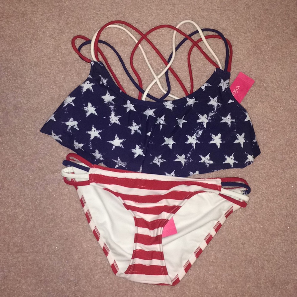 Red, white and blue two piece bathing suit.